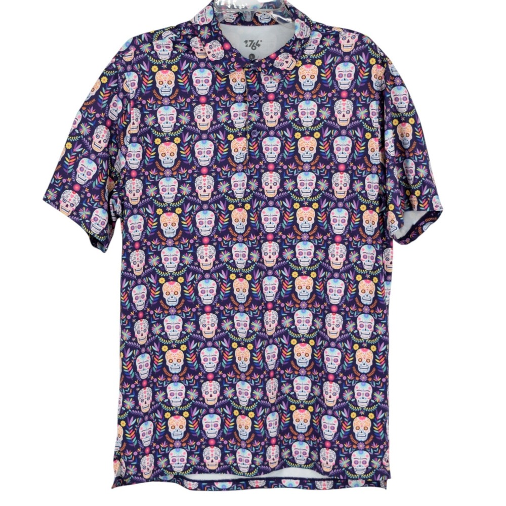 1764 Golf Men Large Vibrant Sugar Skull Performance Polo Shirt Day of Dead